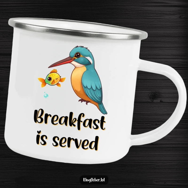 Funny Kingfisher Camping Mug: A curious kingfisher bird tilts its head, watching a brightly colored fish swim by.