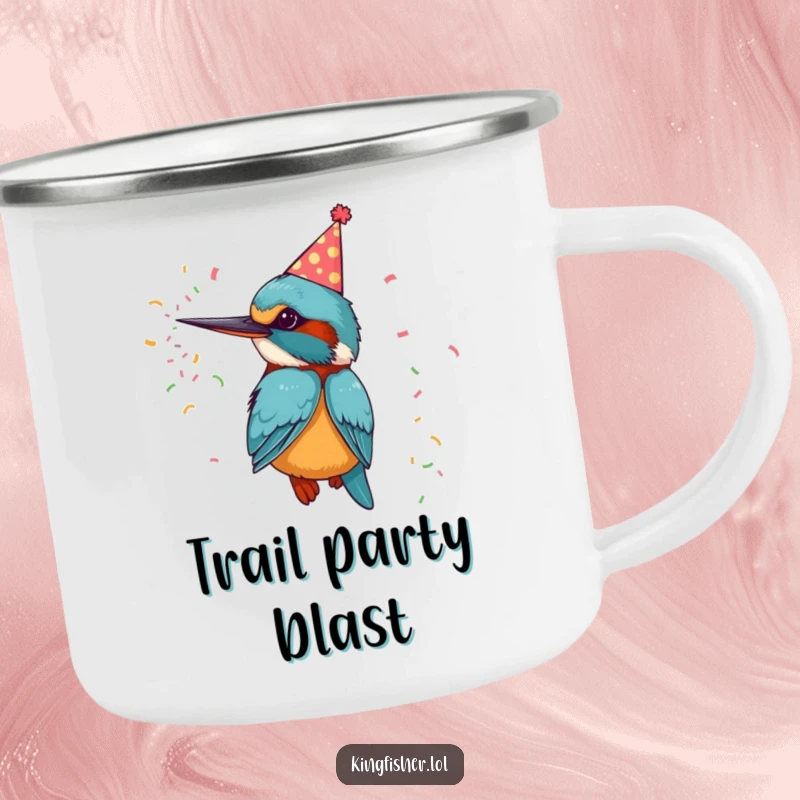 Funny camping mug with a kingfisher bird in a party hat, blowing confetti, durable and festive.