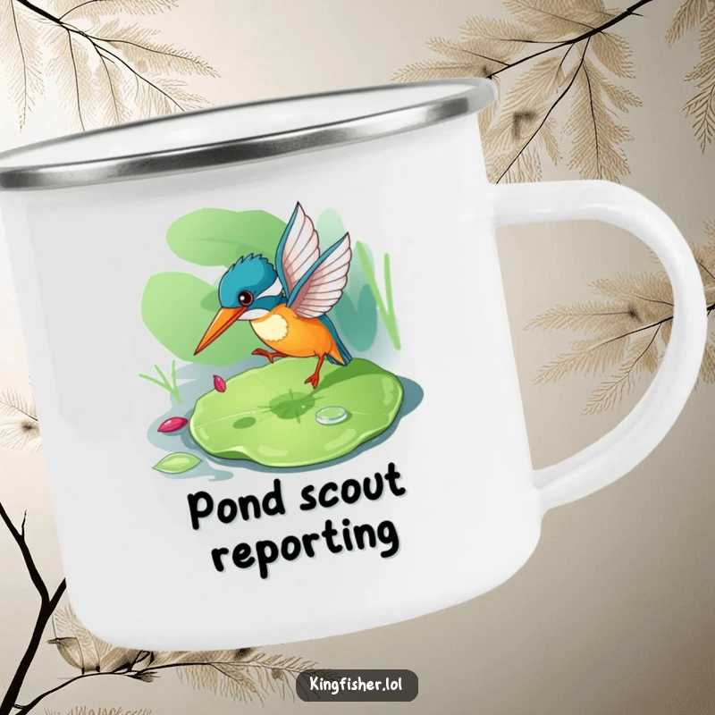 Funny kingfisher camping mug illustration of a playful bird on a lily pad, ready for the outdoors.