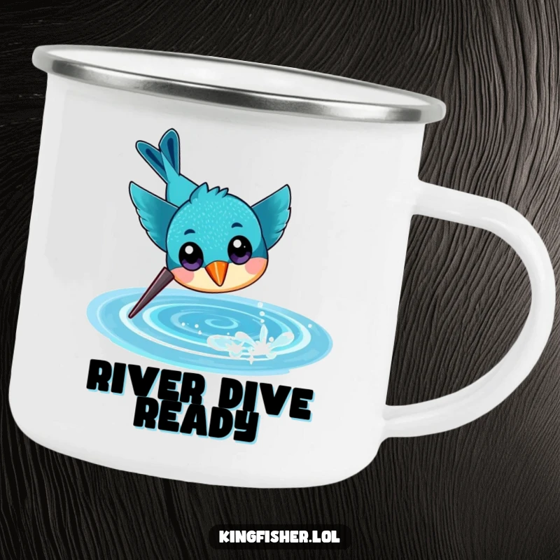 Funny camping mug with a cheerful kingfisher, large eyes, diving headfirst towards sparkling water, ideal for outdoor energy.