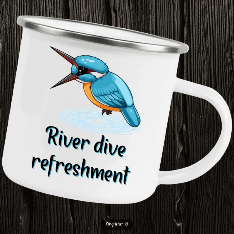 Funny Camping Mug with a small, blue kingfisher diving headfirst into shimmering water, perfect for outdoor nature appreciation.