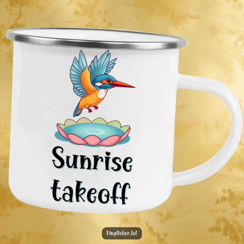 Funny Kingfisher Camping Mug: A kingfisher in dynamic flight from a lily pad, ready for any outdoor adventure with a funny vibe.