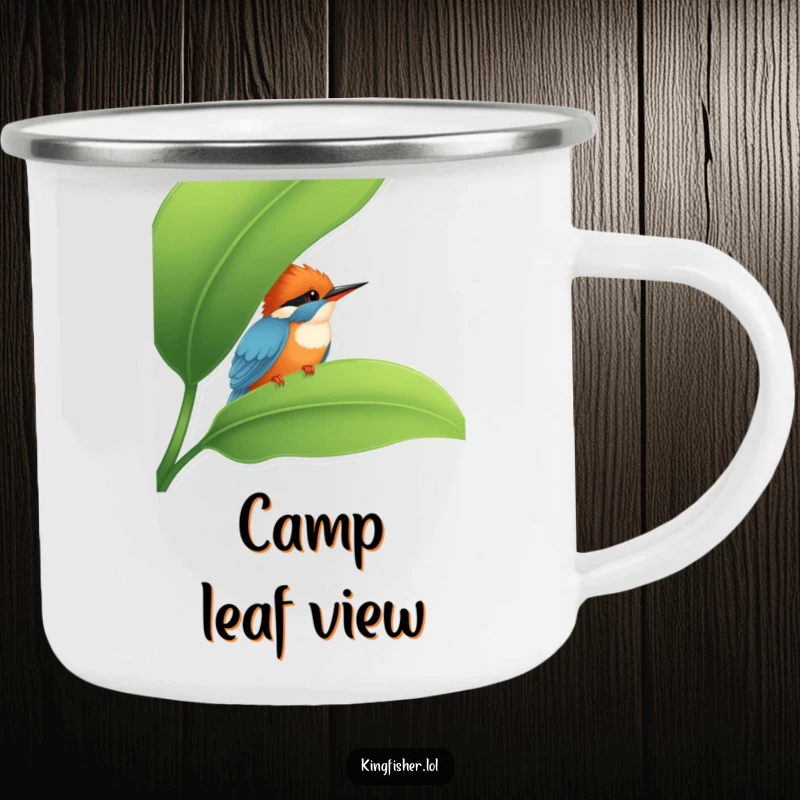 Funny Kingfisher Camping Mug: A shy kingfisher peeking from behind a leaf, designed on a rugged mug for funny outdoor moments.