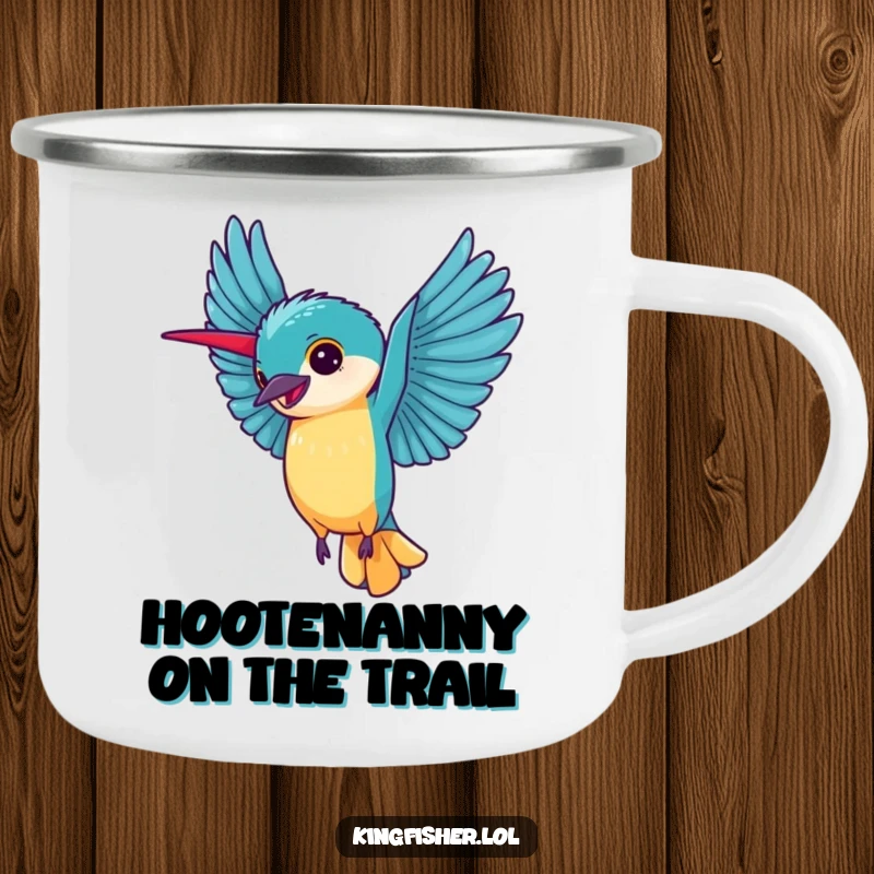 Kingfisher Cartwheel Camping Mug: A kingfisher does a cartwheel, perfect for outdoor enthusiasts who love to celebrate.