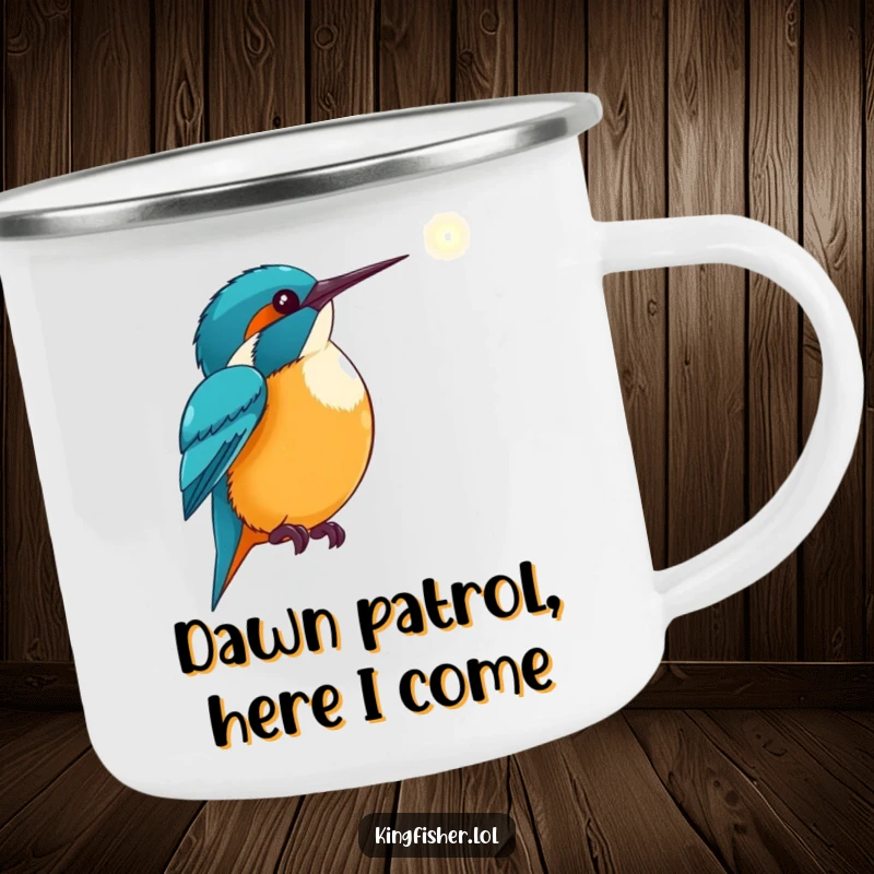 Hopeful Kingfisher Camping Mug: A kingfisher points towards a distant light, symbolizing adventure and aspiration.