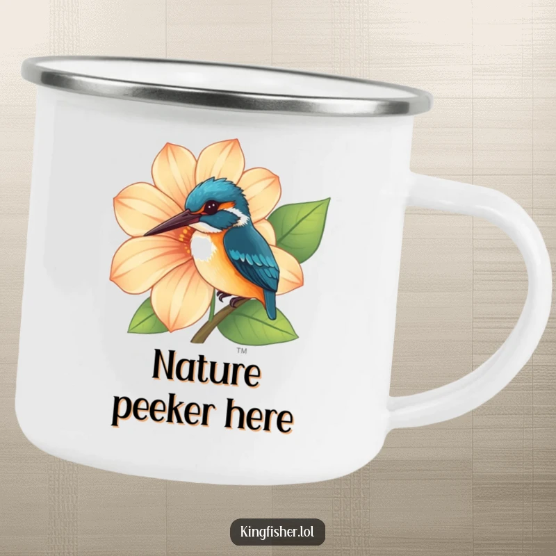 Funny Kingfisher Camping Mug showing a curious kingfisher peeking from behind a large, vibrant flower, perfect for outdoors.