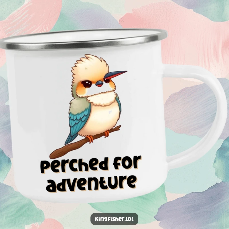 Funny Proud Kingfisher Camping Mug: A fluffy kingfisher bird puffing its chest proudly on an outdoor mug.