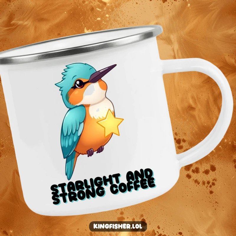 Funny kingfisher winks, holding a glowing star, on an enamel camping mug, for magical, humorous adventures.