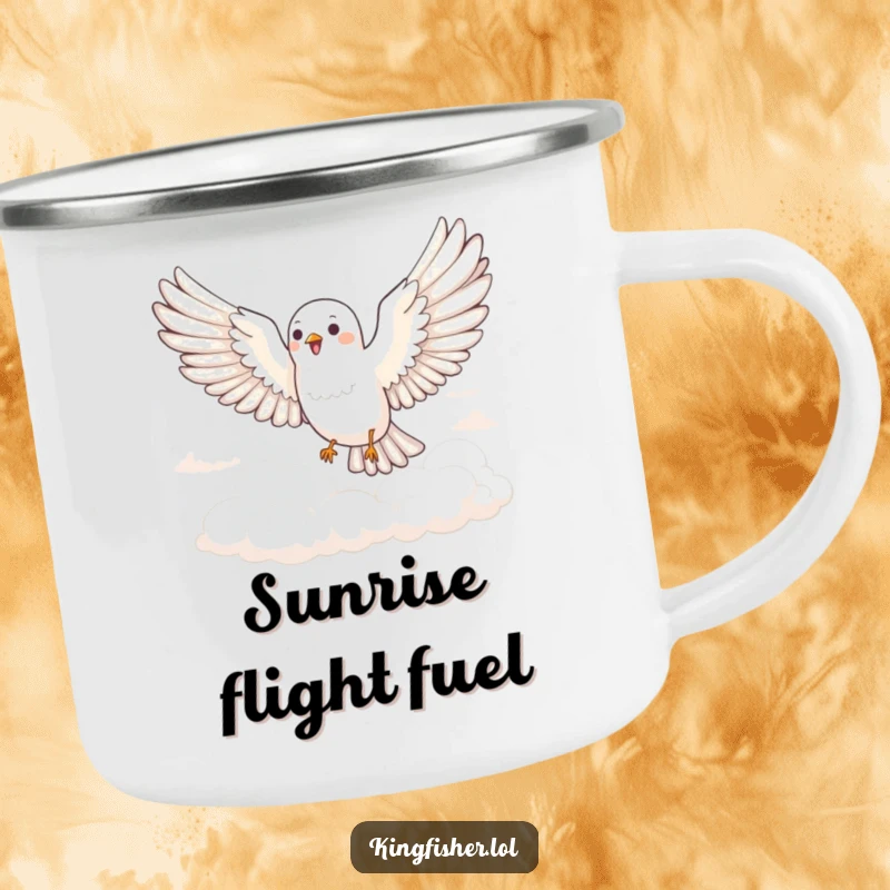 Funny Joyful Bird Camping Mug: A bird glides joyfully through fluffy clouds. Durable and funny for adventures.