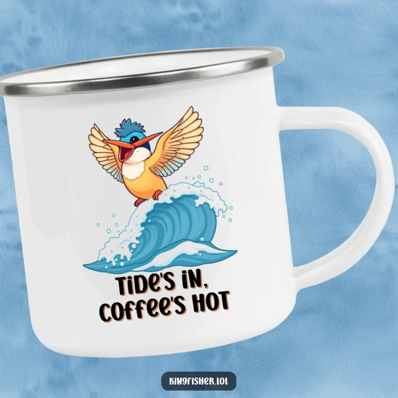 Funny Kingfisher Camping Mug: Sturdy mug with a bird joyfully riding a wave, ideal for outdoor fun.