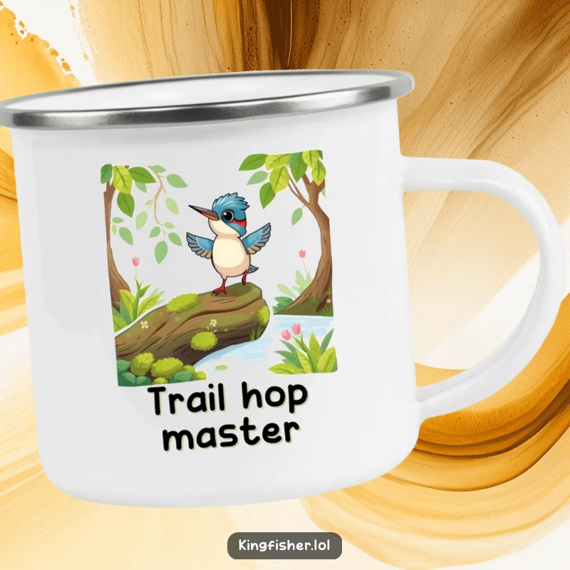 Funny Playful Kingfisher Camping Mug: A playful kingfisher bird hopping excitedly on a mossy log.