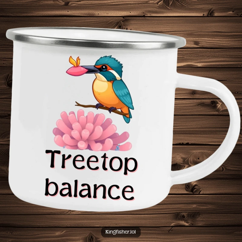 Funny kingfisher enamel camping mug, bird balancing a colorful anemone on its beak, ideal for outdoor adventures.