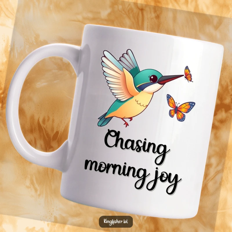 Excited Kingfisher Butterfly Mug: A kingfisher with outstretched wings joyfully chasing a fluttering butterfly, a whimsical and funny scene.