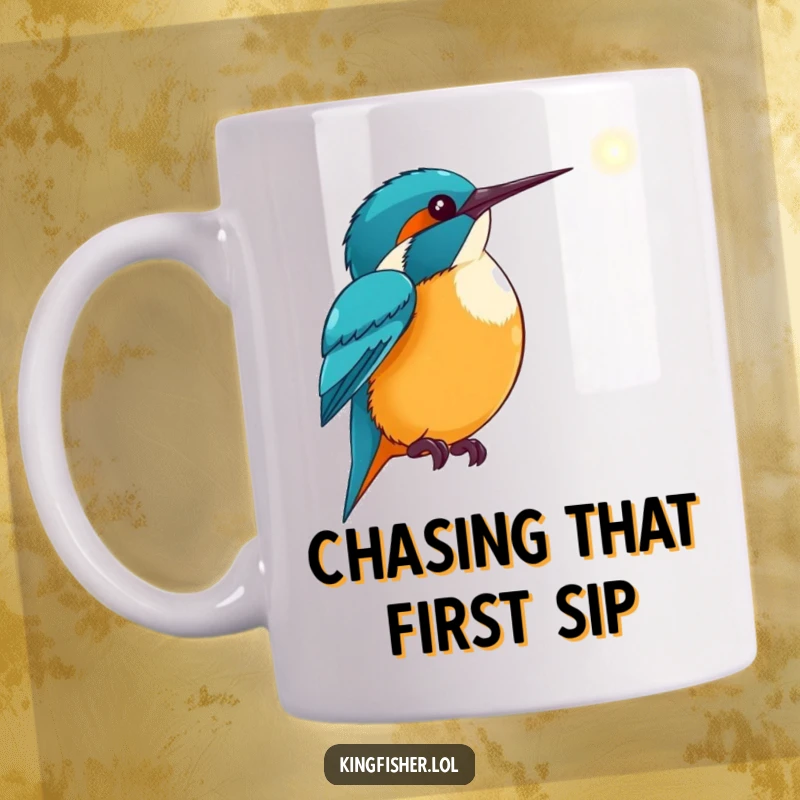 Hopeful Kingfisher Mug: An excited kingfisher points its wing towards a distant, glowing light, symbolizing aspiration.