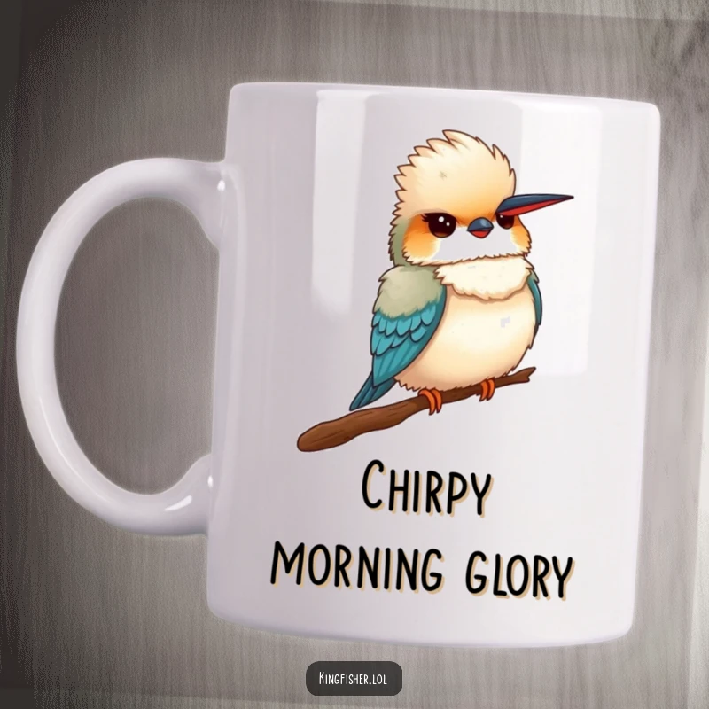 Funny Proud Kingfisher Mug: A fluffy kingfisher bird sits proudly on a branch, puffing its chest humorously.