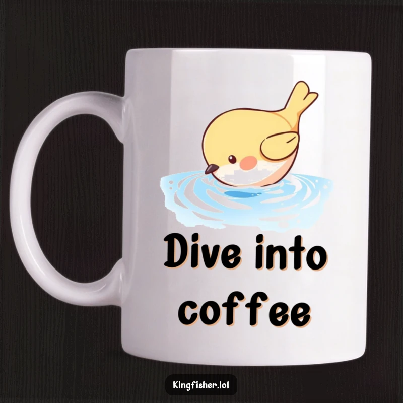 Funny Diving Bird Mug: A small, round bird humorously dives headfirst towards shimmering blue water. Great for bird fans.