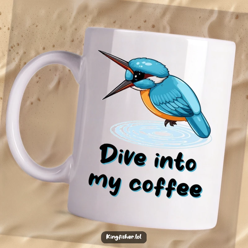 Funny Mug featuring a small, blue kingfisher diving headfirst into shimmering water, capturing a moment of aquatic action.