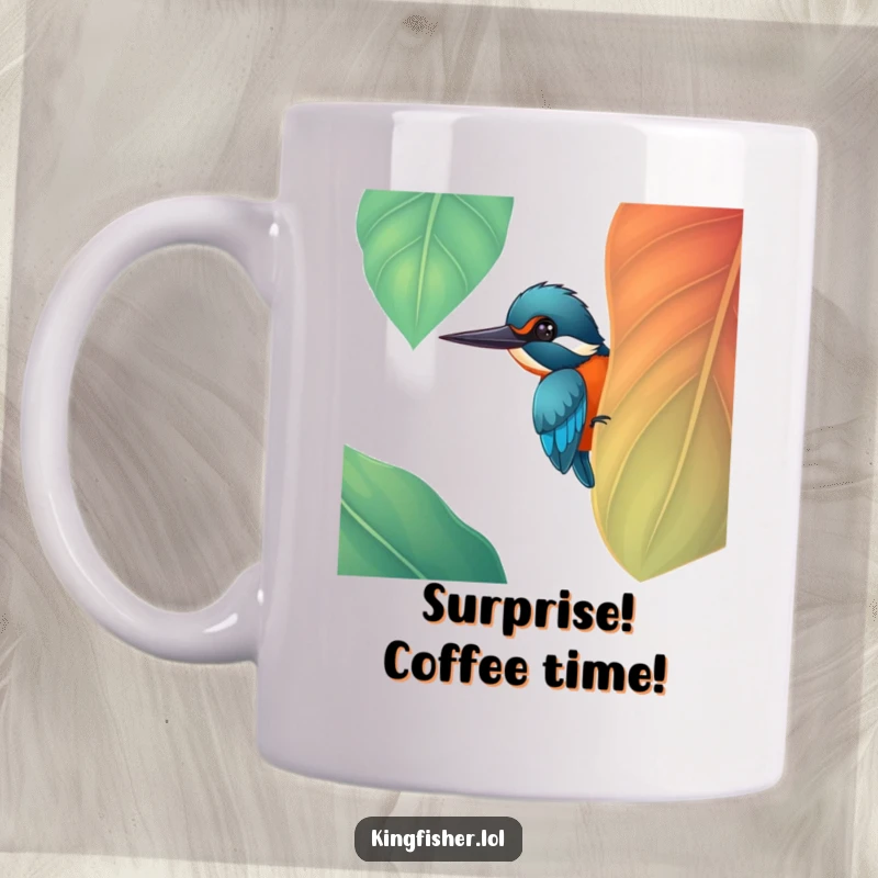 Funny cheerful kingfisher bird peeking from behind a large, colorful leaf on a mug, a delightful funny gift.