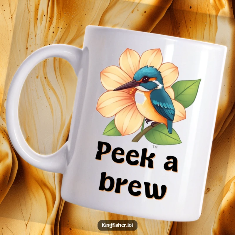 Funny Kingfisher Mug showing a cute, curious kingfisher peeking out from behind a large, colorful, vibrant flower.