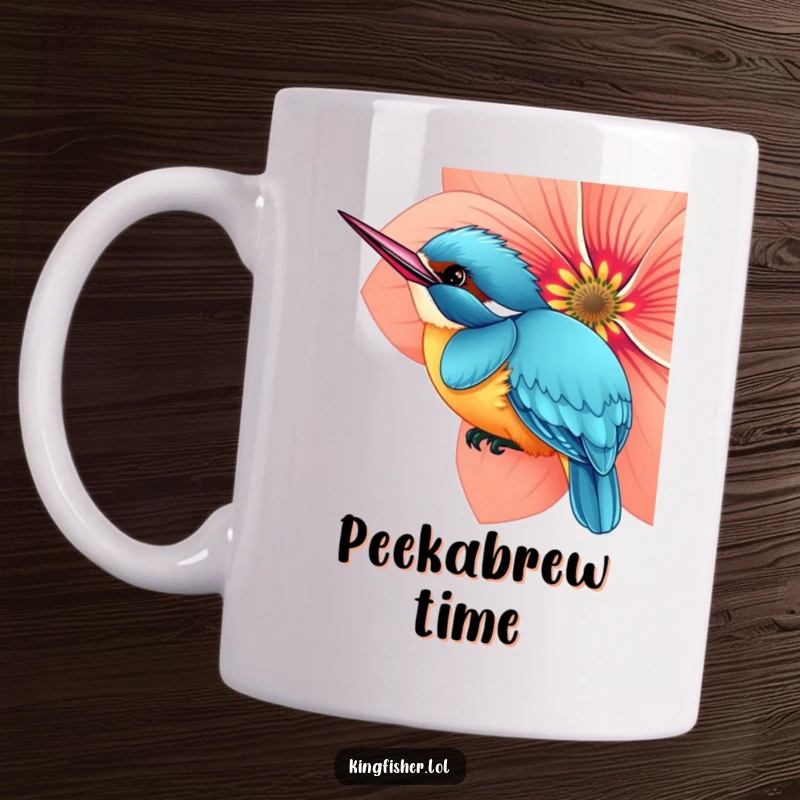 Funny mug with a curious kingfisher bird peeking from behind a large, vibrant flower, adding a playful surprise.