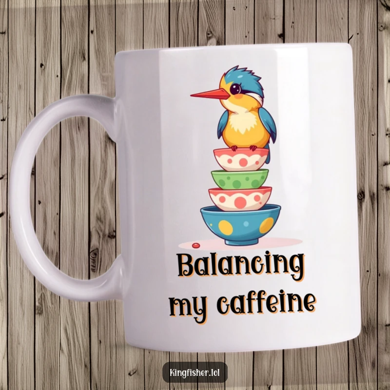 Funny mug with a giggling kingfisher bird precariously balancing a tall stack of wobbling food bowls with a cheerful expression.