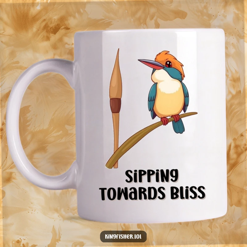 Funny happy kingfisher bird mug, perched precariously on a swaying reed, looking upwards with a smile, embodying cheerful resilience.