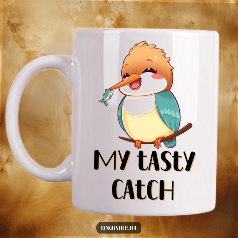 Funny Kawaii Kingfisher Mug: An ultra-cute kingfisher smiling with a tiny fish in its beak, a funny and charming design.