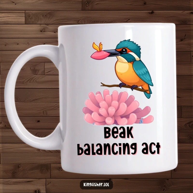 Funny kingfisher mug, bird playfully balancing a colorful anemone on its beak, cute and artistic design.