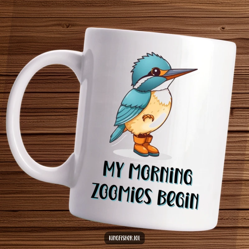 Funny kingfisher wearing tiny boots, tap dancing with excitement on a coffee mug, conveying pure joy and humor.