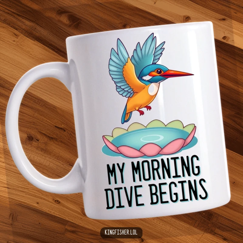 Funny Kingfisher Mug: Majestic bird with wings spread wide, launching from a bright lily pad in a funny, energetic flight.