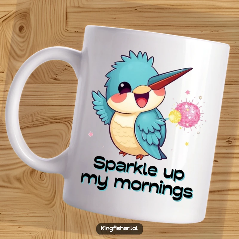 Funny Kingfisher Mug with a Kawaii Kingfisher joyfully tossing a glitter bomb and grinning widely.