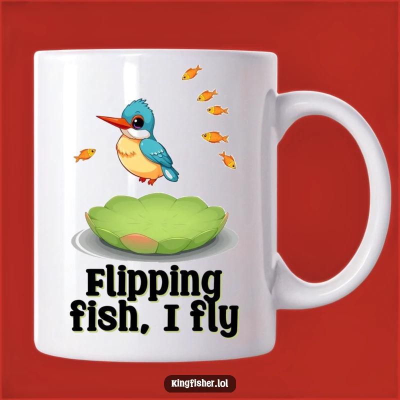 Funny Kingfisher Juggling Fish Mug: Happy Bird's Balancing Act Makes a Great Gift!