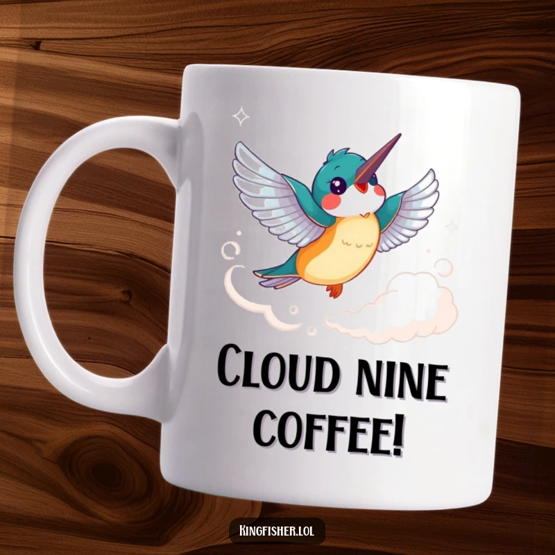 Funny Kingfisher Mug: A cheerful kingfisher bird with flapping wings soars joyfully through a wispy cloud, bringing smiles.