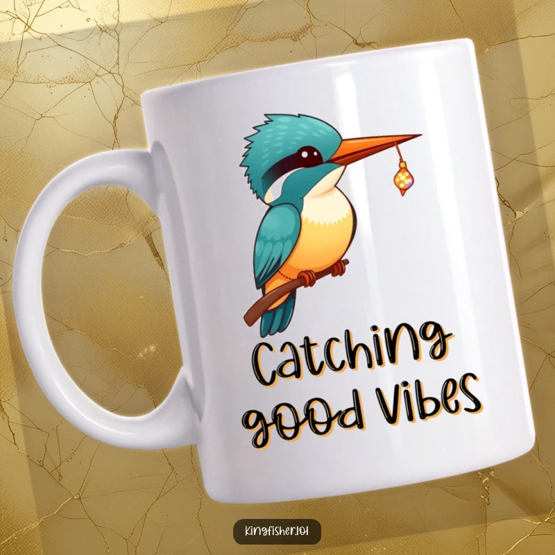 Funny Kingfisher Mug featuring a kawaii kingfisher with wide eyes, happily catching a sparkling, tiny fish in its beak.
