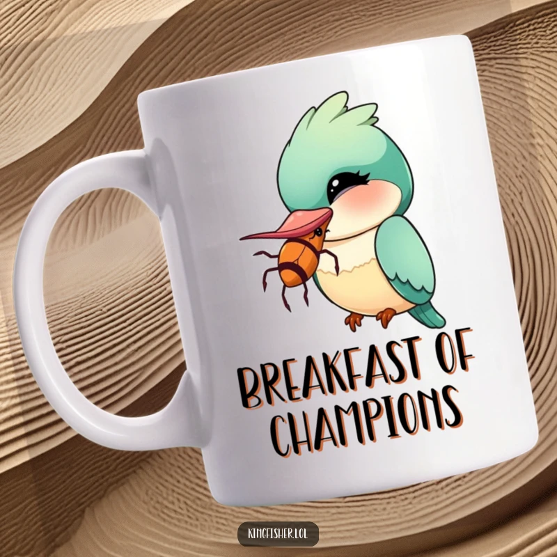 Funny Kingfisher Mug shows a kawaii bird winking playfully, holding a comically oversized insect in its beak, a humorous gift.