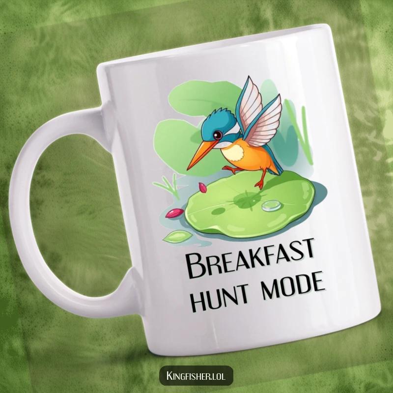 Funny kingfisher bird mug, playfully bouncing on a lily pad, eyes keenly searching for tiny prey.