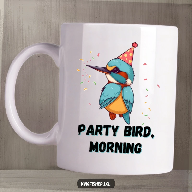 Funny mug featuring a kingfisher bird wearing a tiny party hat and joyfully blowing a confetti cannon.