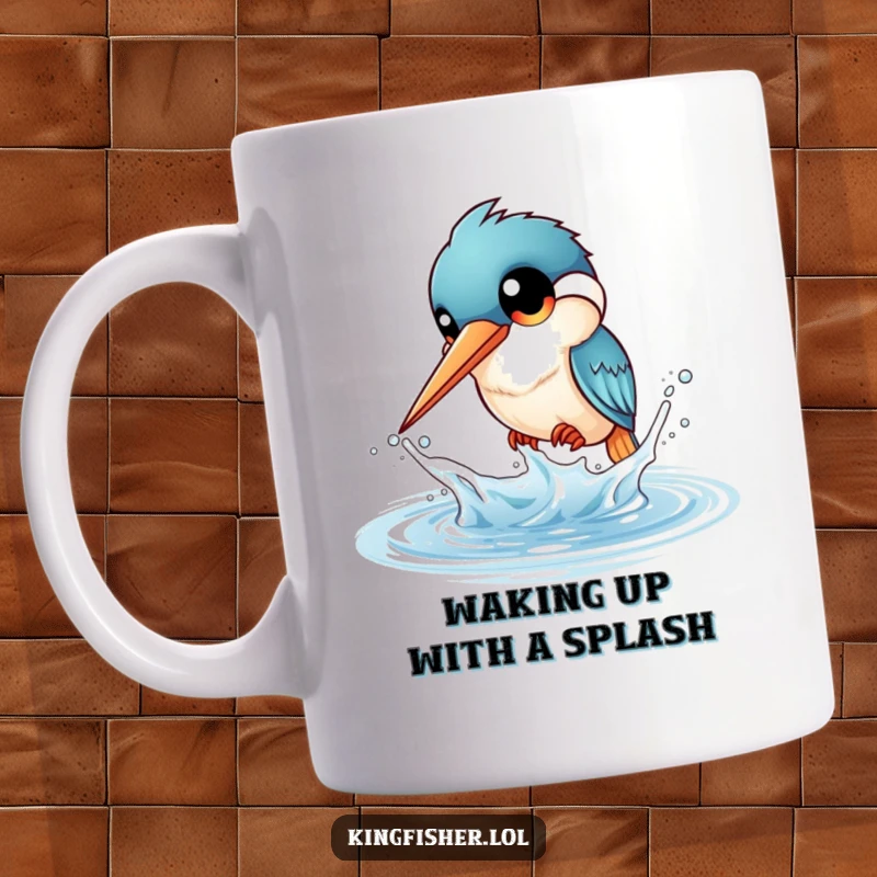 Funny Kingfisher Splash Mug: A kingfisher with big eyes playfully splashes water with its beak. A funny bird mug.