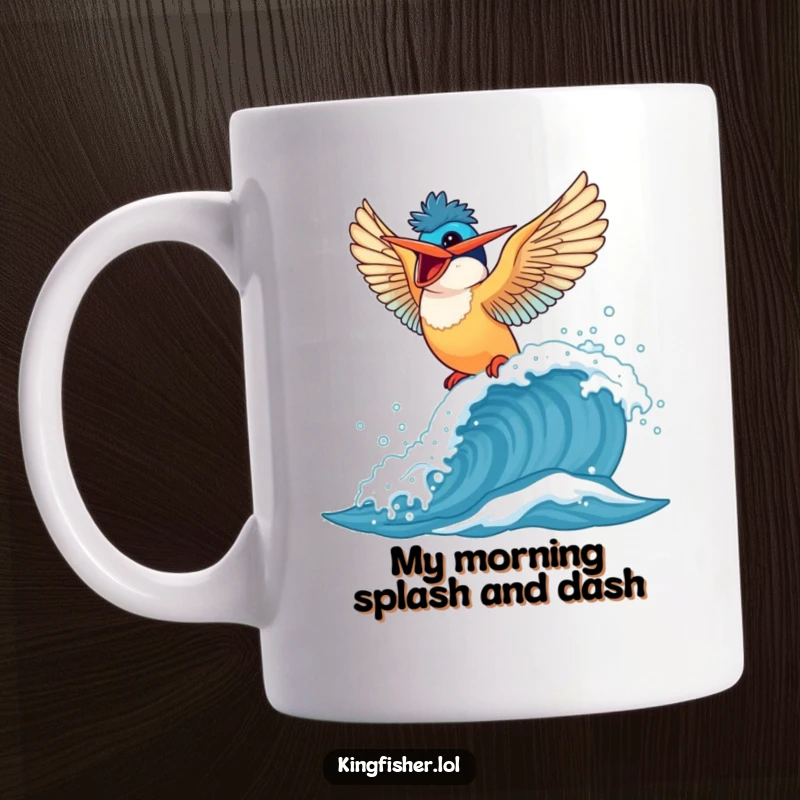 Funny Kingfisher Mug: A delighted bird flaps wings while surfing a bubbly wave, capturing pure joy and energy.