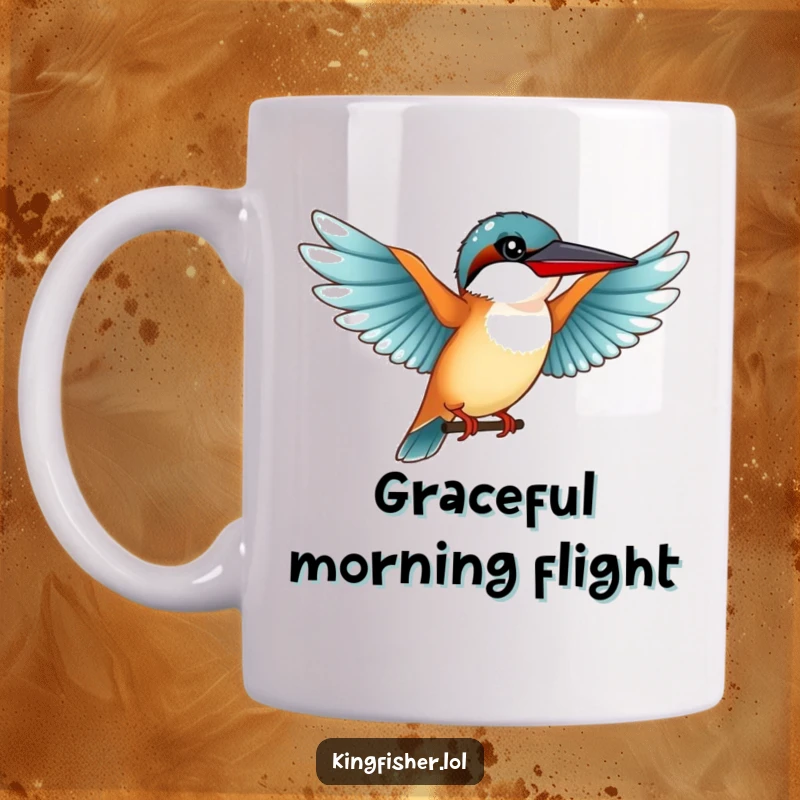 Funny Graceful Kingfisher Mug: A cute kingfisher bird with outstretched wings preparing for a graceful, funny landing.