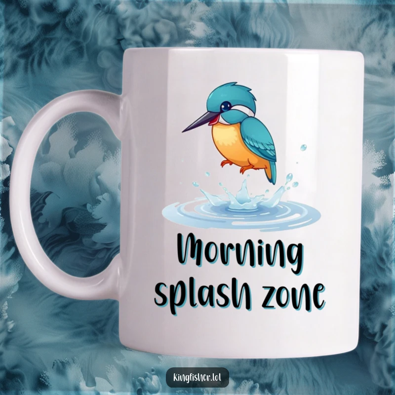 Funny Mug: A playful kingfisher bird joyfully splashing water in a small, shimmering puddle, radiating pure delight.