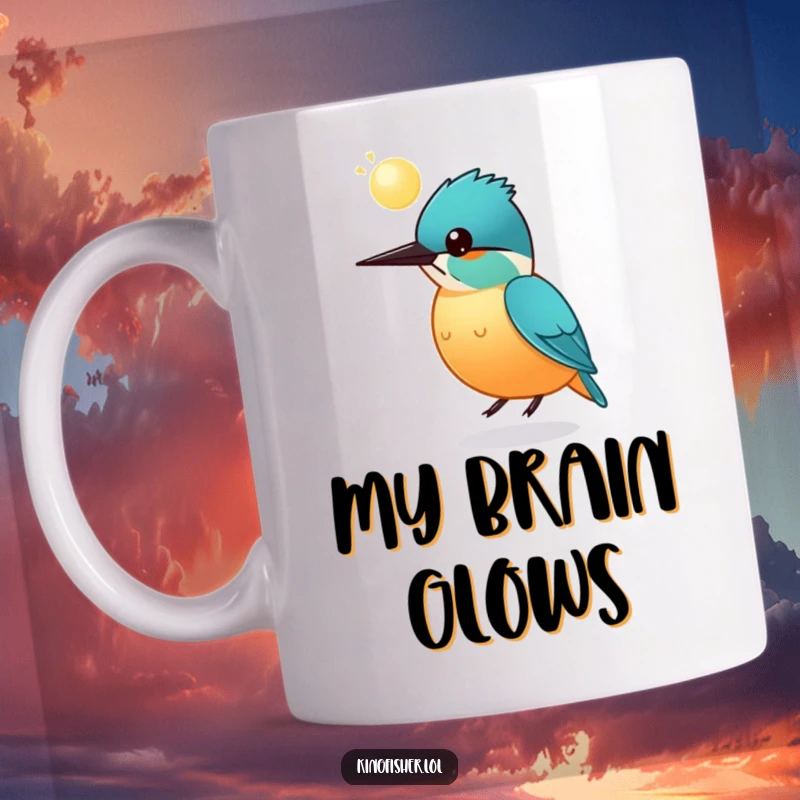 Funny round kingfisher mug, a small, plump bird bouncing a luminous glowing sphere on its head, whimsical and cute.