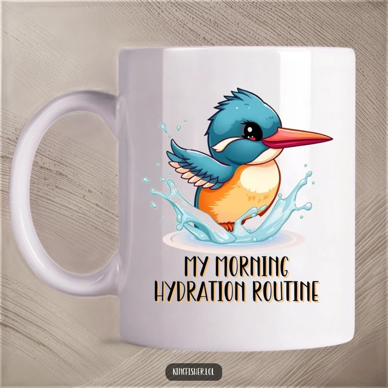 Funny Kingfisher Mug: Energetic bird playfully splashing water with its beak, captured in a joyful, vibrant moment.