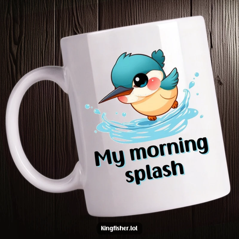 Funny Kingfisher Mug: A cute, big-eyed kingfisher bird dives headfirst into sparkling blue water, capturing a moment of pure joy.