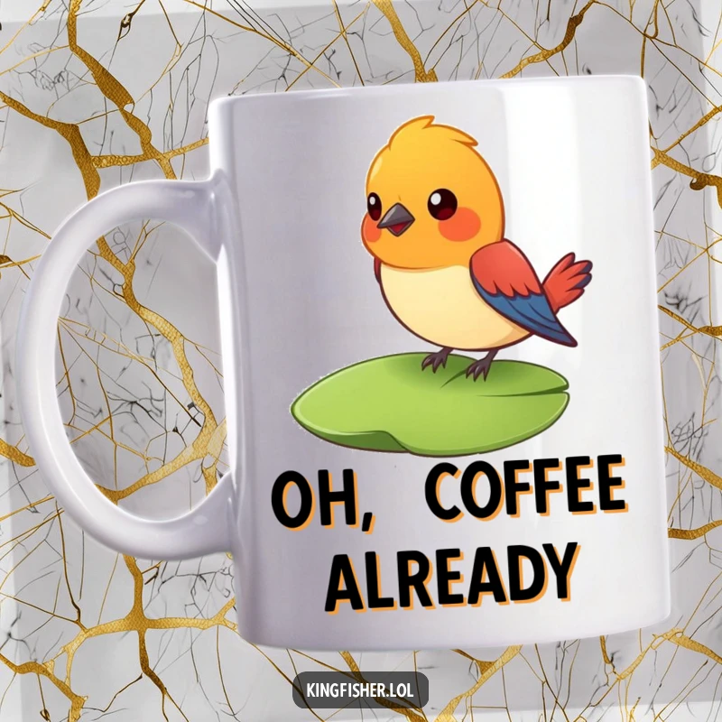 Funny Surprised Bird Mug: A vibrant bird on a lily pad looks comically surprised. Great funny mug for bird fans.