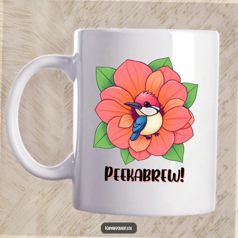 Funny Mug with a kawaii Kingfisher bird peeking playfully from a hole in a giant, vibrant flower, adding cheerful humor.