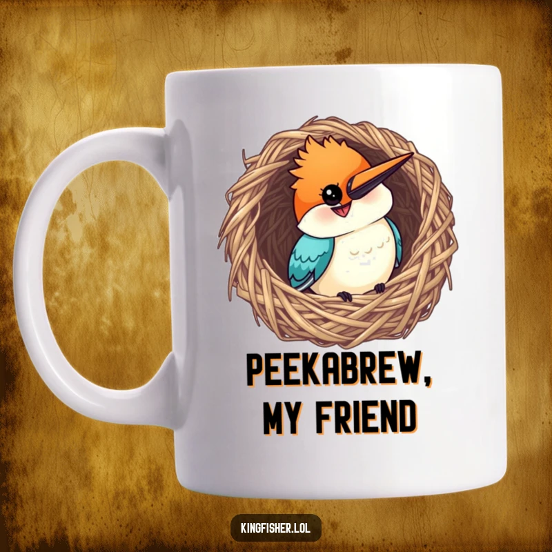 Funny Kingfisher Mug: A curious bird peeking from a woven nest with a wide, grinning smile.