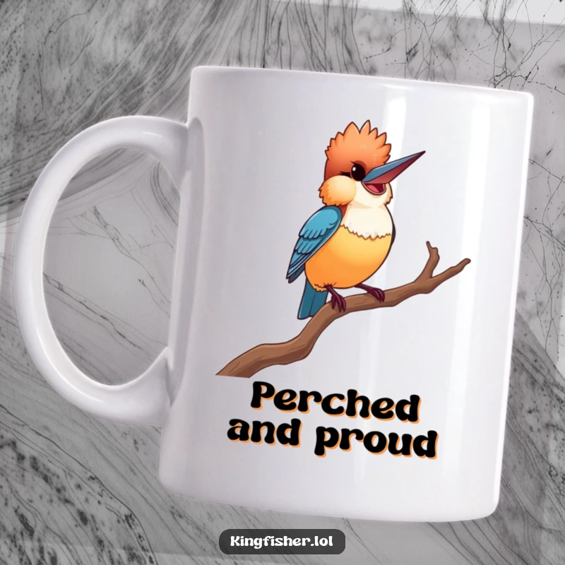 Proud Kingfisher Mug: A smiling kingfisher in a dramatic pose on a twisted branch, exuding confidence and pride, perfect for bird admirers.