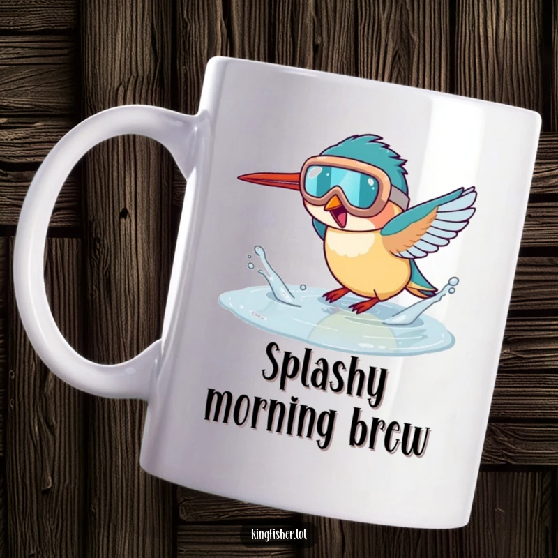 Funny kingfisher mug, a bird wearing oversized goggles excitedly splashing in a puddle, expressing pure fun and joy.