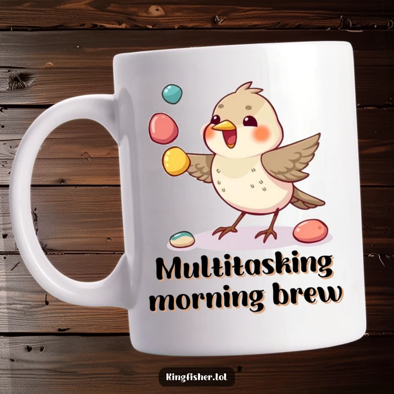 Funny Juggling Bird Mug: A small bird excitedly juggles three colorful pebbles with its beak, showcasing skill.